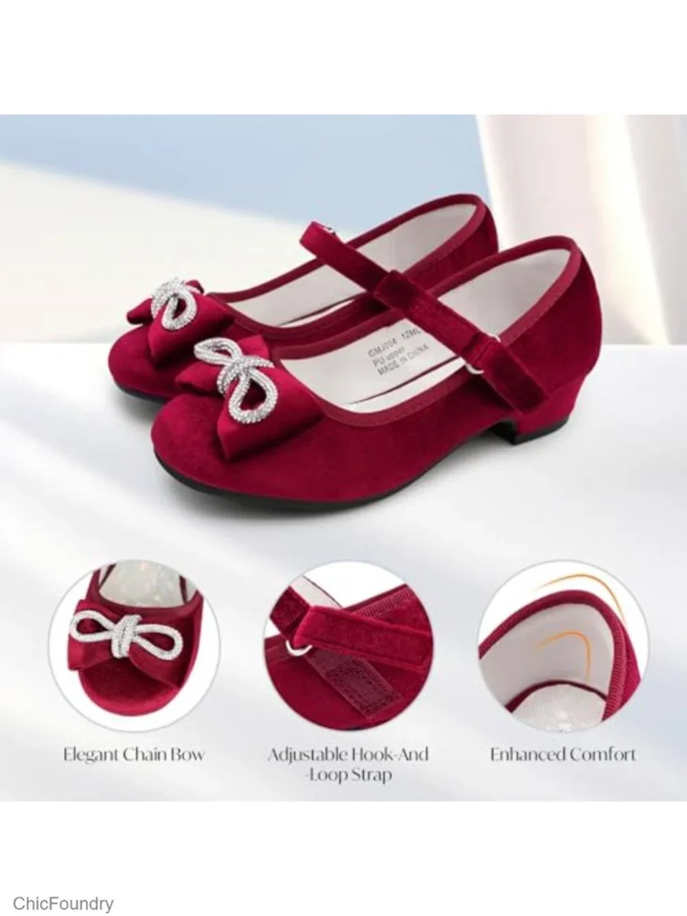 Girls Rhinestone Bow Dress Shoes Low Heels Mary Janes for Wedding Party